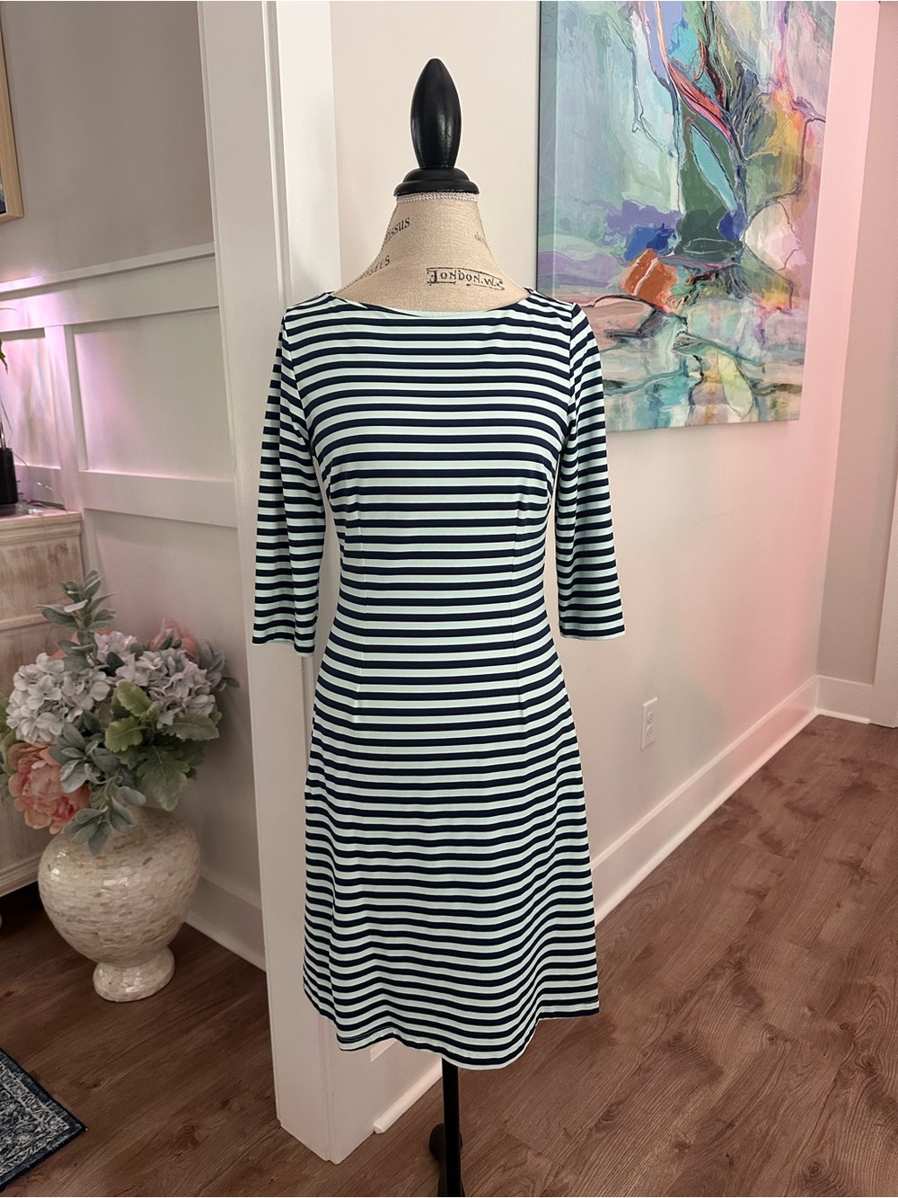 J. McLaughlin Navy & White Striped Knit Dress Size Small | 3/4 Sleeve Boat Neck